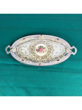 Antique 1920s Silvercraft NY Jeweled 6 Gems Vanity Tray Normandy Lace Heirloom